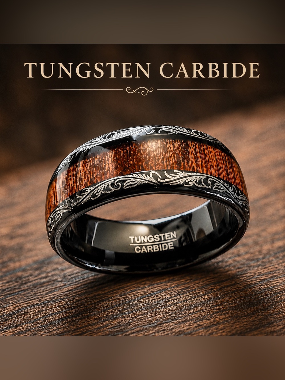 8MM Men’s Wedding Band | Black Tungsten Carbide Ring | Koa Wood Inlay